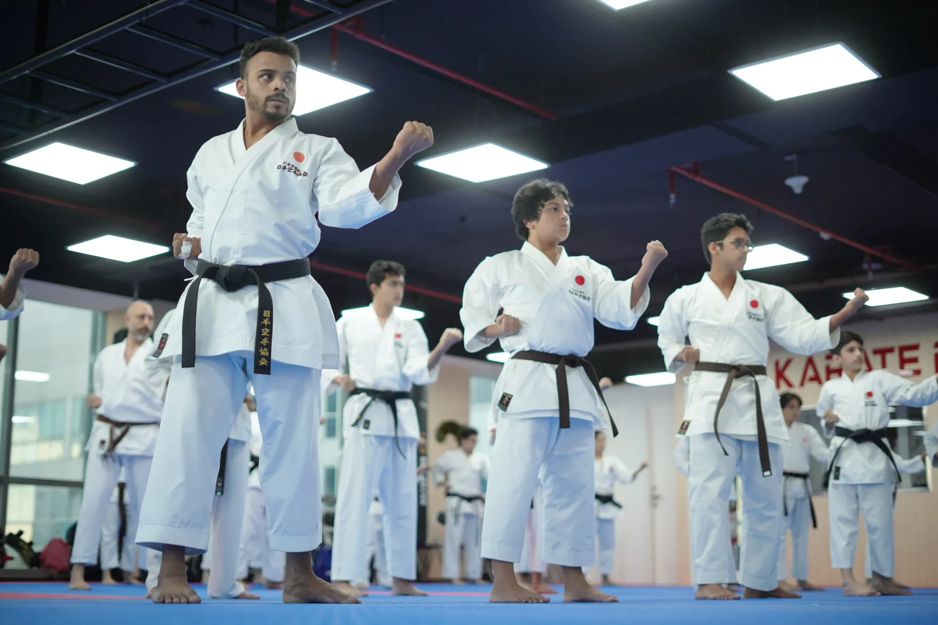Adult black belts in white gi practising a rising block in a line in the dojo