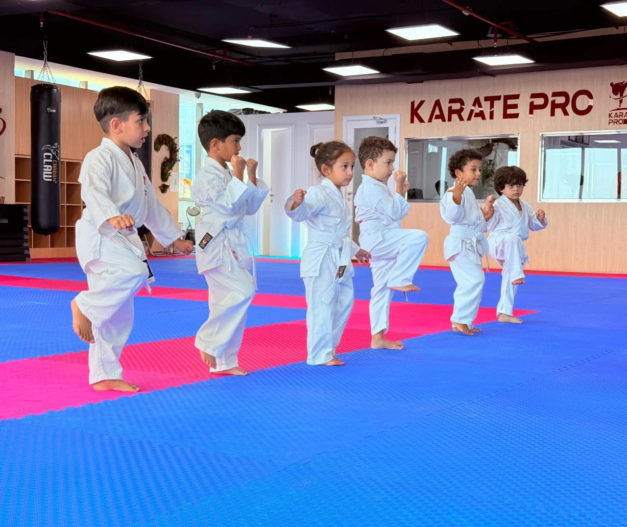Six young children in white gi and white belts practising a knee-raise drill in a line on the dojo mats