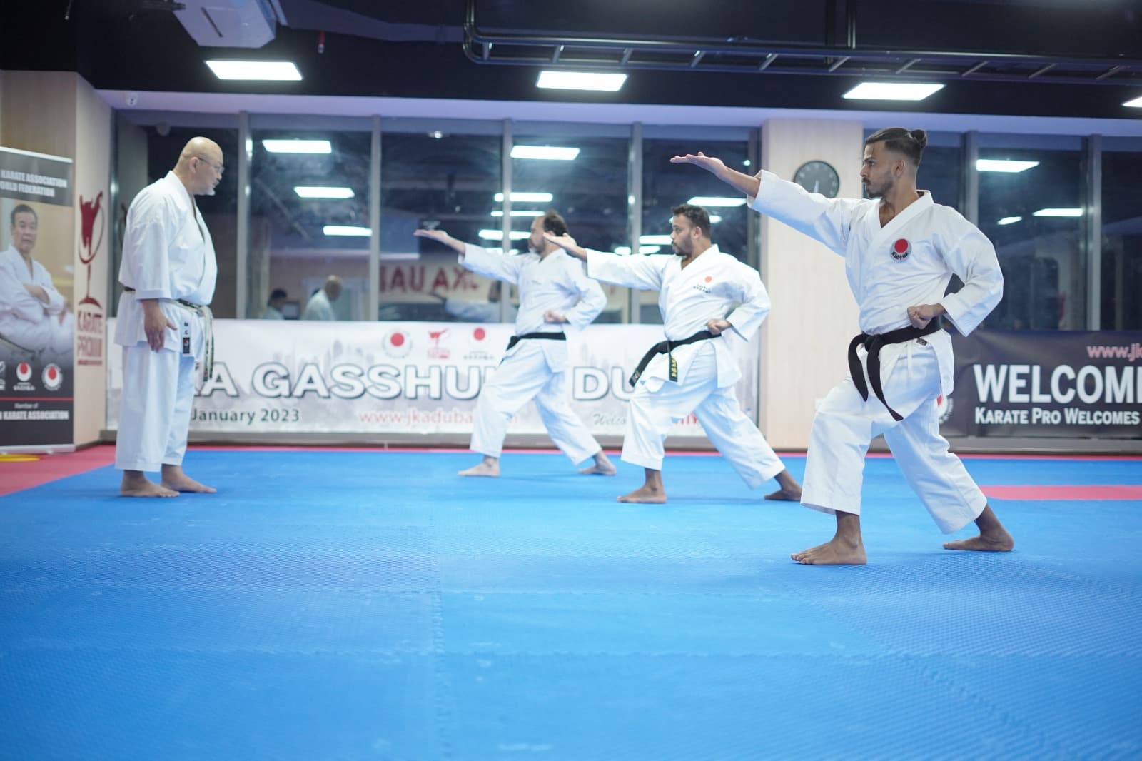 Adults performing a low stance with extended arm during a JKA Gasshuku training session on the blue mats