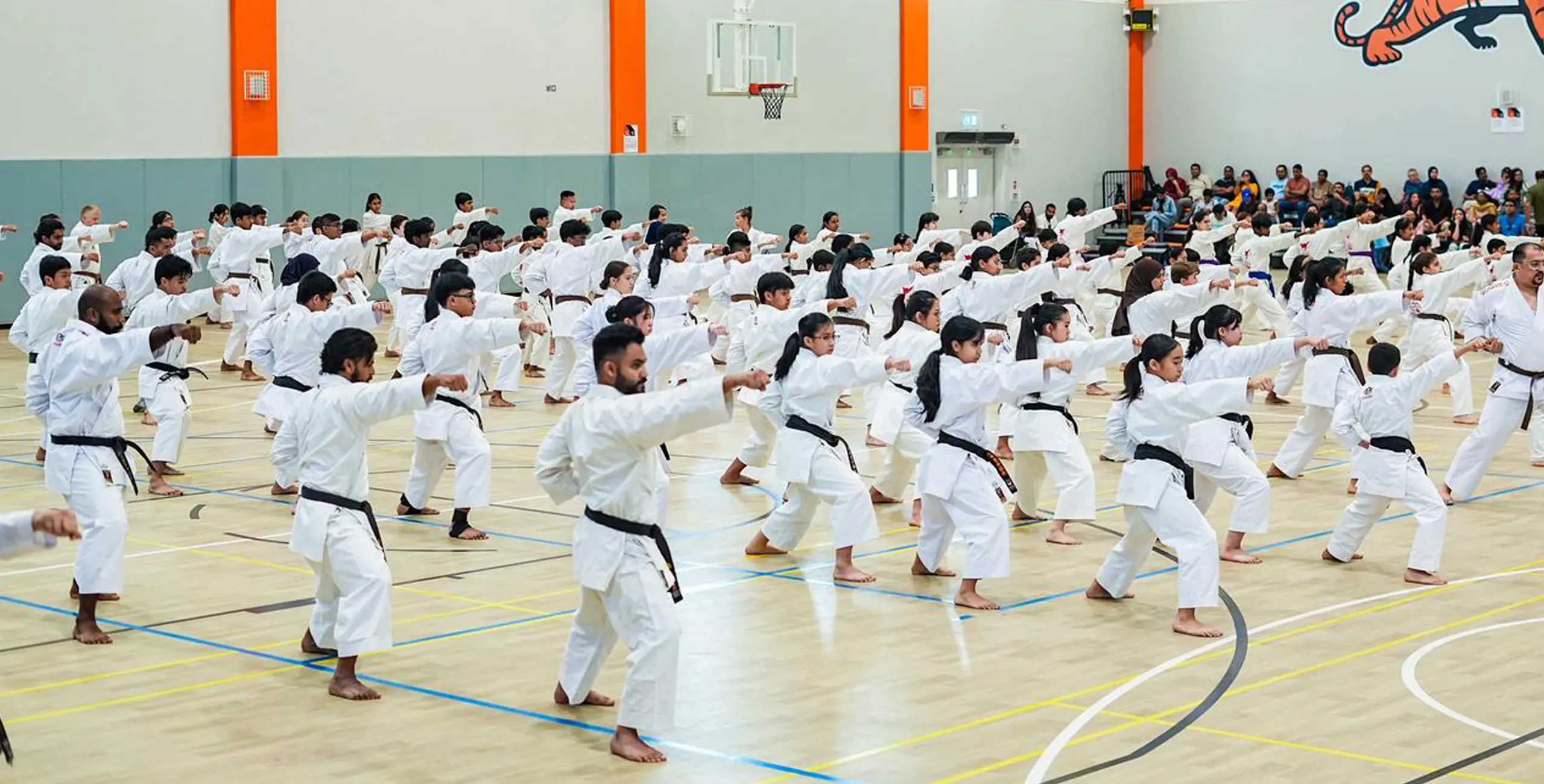 A large Karate Pro class performing synchronised kata in the training hall