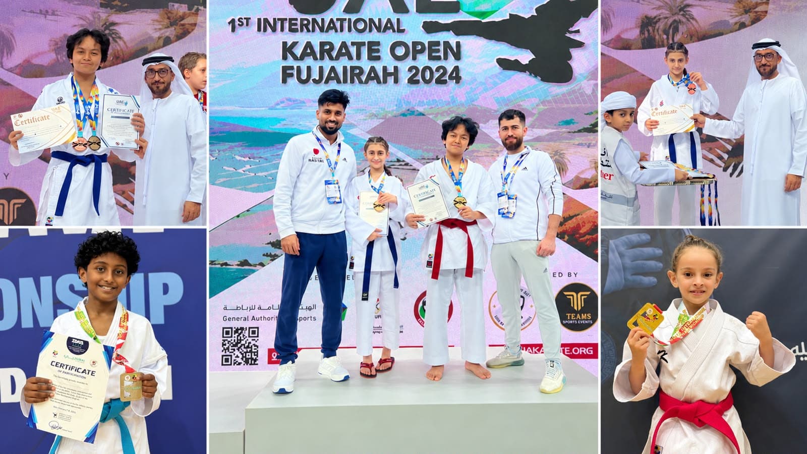 Karate Pro medallists with their coaches and certificates at the 1st International Karate Open Fujairah 2024
